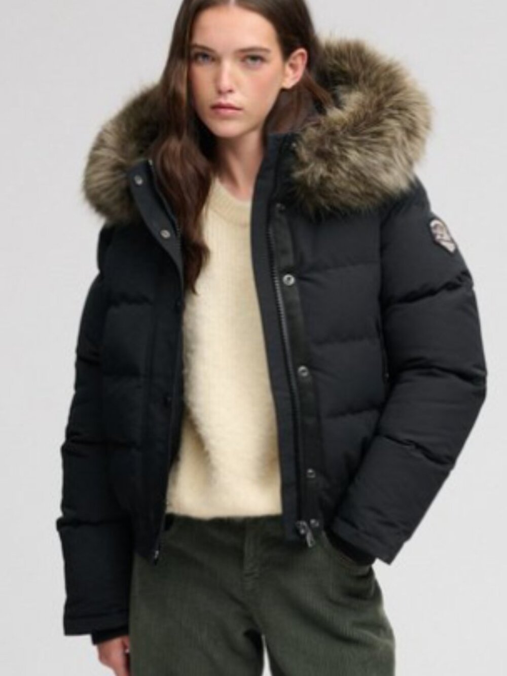 NEW Superdry Everest Women's Black Bomber Jacket Size L Puffer Hooded Faux Fur